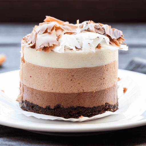 A single serving of the Bakendales 3-Chocolate Mousse Cake, with visible layers of dark, milk, and white chocolate mousse
