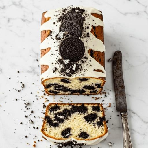 A loaf of Bakendales Vanilla Oreo, with a creamy glaze and crushed Oreo cookie pieces