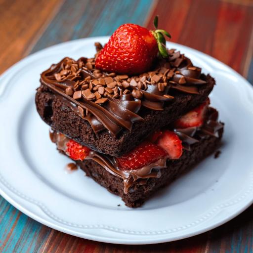 A gooey Bakendales brownie with a smooth chocolate cream topping, chocolate chips, and a fresh strawberry