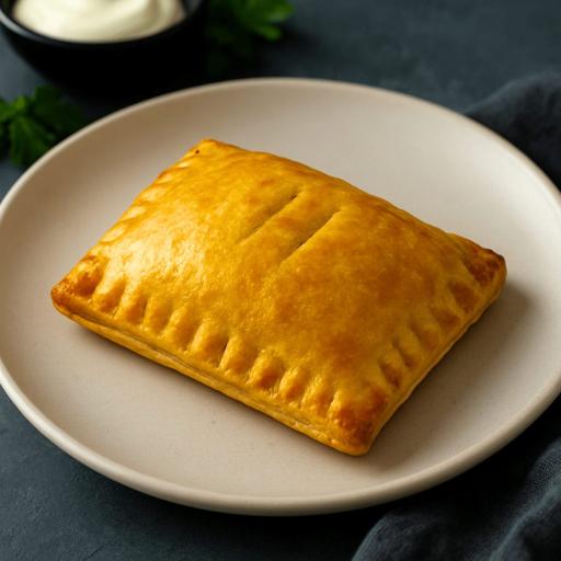 A close-up of a single Bakendales standard chicken pie, with a golden, flaky crust