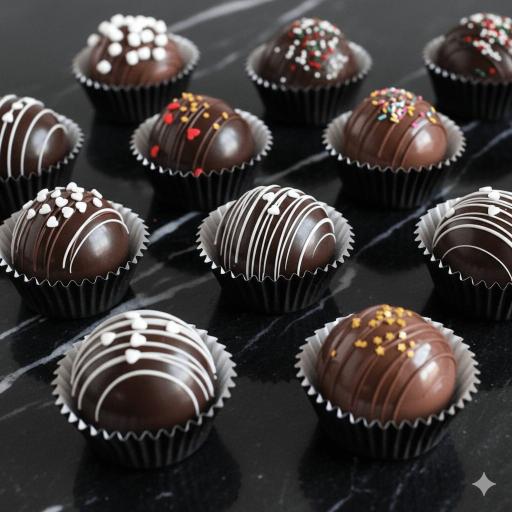 An array of Bakendales chocolate bomb, a sphere of chocolate that melts when hot milk is poured over it to reveal a surprise inside