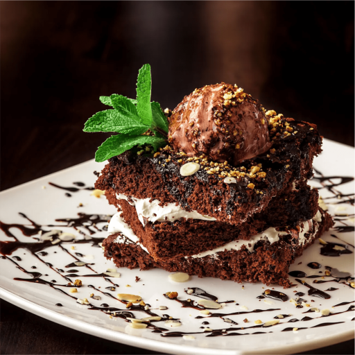 Rich Bakendales chocolate brownie cake portions, served warm and topped with a scoop of chocolate ice cream that's beginning to melt.