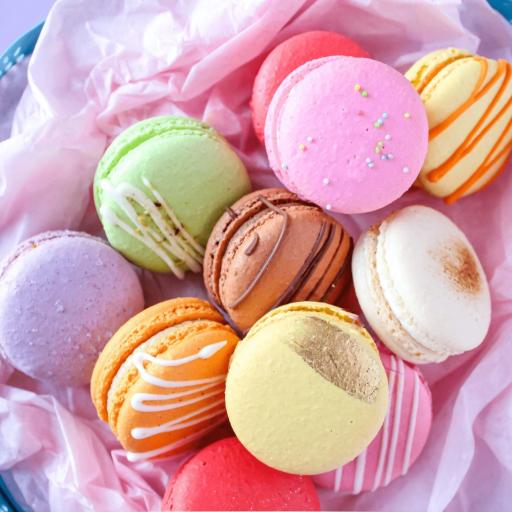 A variety of colorful Bakendales macarons, arranged beautifully