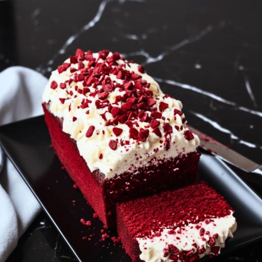 Freshly-made Bakendales red velvet loaf cake, topped with a creamy frosting