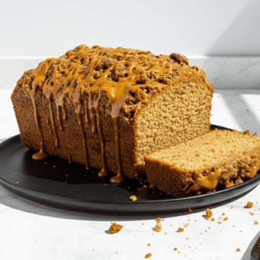 A fresh loaf of Bakendales Vanilla Biscoff, topped with a creamy glaze and crumbled Biscoff cookies