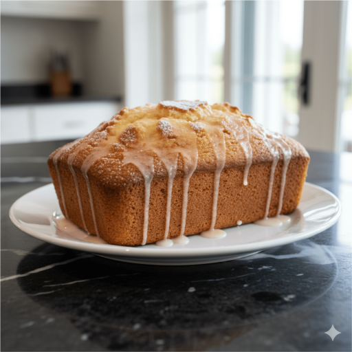 A moist Bakendales vanilla loaf cake with a drizzled glaze on a white platter